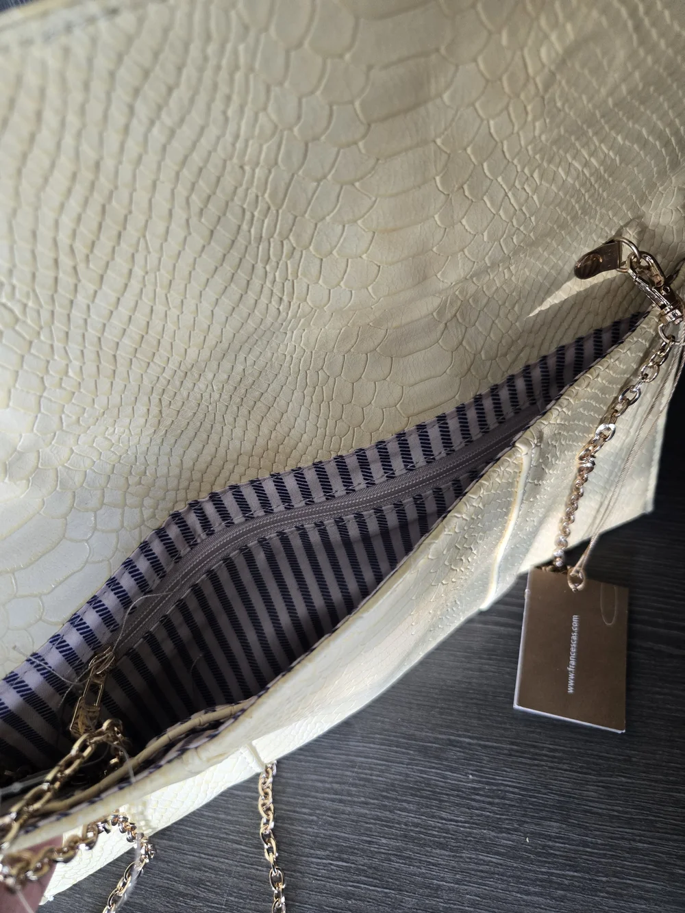 Francesca's Collections Cream Snake-Embossed Chain Clutch